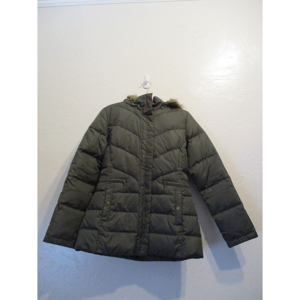 Larry Levine Womens S Down Puffer Jacket Green Faux Fur Hood Removable Trim Coat